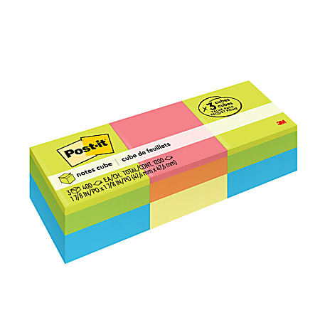 Post it Notes 1 78 in x 1 78 in 3 Pads 400 SheetsPad Clean Removal Assorted  Bright Colors - Office Depot